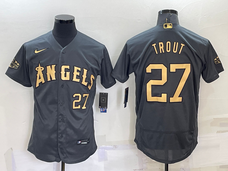 Men's Los Angeles Angels #27 Mike Trout 2022 All-star Charcoal Flex Base Stitched Jersey Men's Los Angeles Angels #27 Mike Trout 2022 All-star Charcoal Flex Base Stitched Jersey